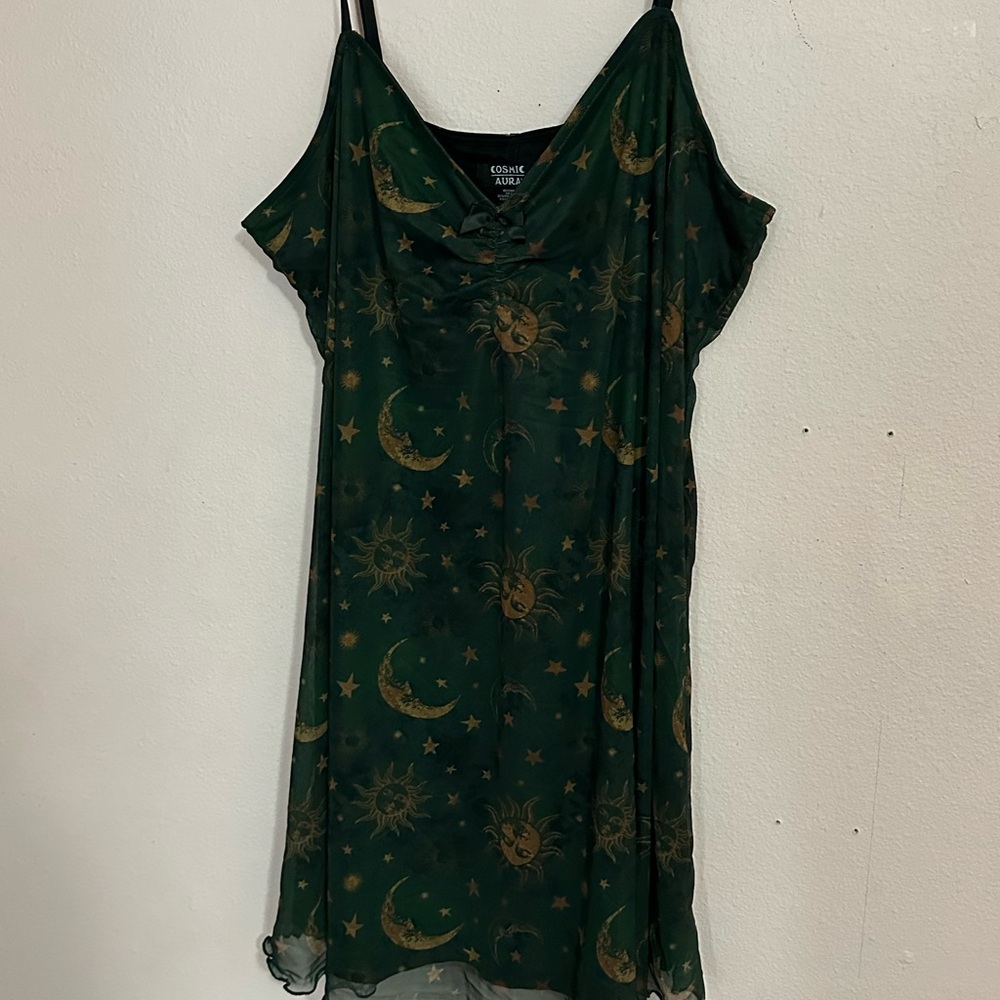 Cosmic Aura Green & Gold Celestial Print Mini Dress - Picture 4 of 6